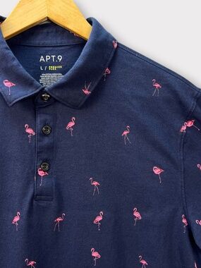 Flamingo Polo Shirt Mens LARGE Apt 9 Navy Resort Wear Vacation Summer Golf Beach